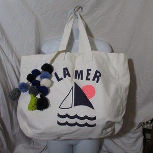 NWT SUNDRY LA MER SAILBOAT BEACH Book Bag Canvas Tote WHITE Pom Pom